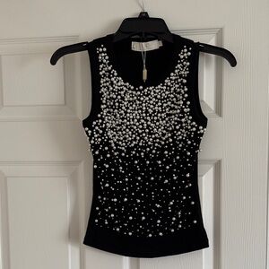 Pearl-Embellished Black Sleeveless Tank Top